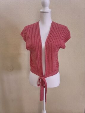 Hurley Pink Ribbed Tie-Front Short Sleeve Sweater Shrug